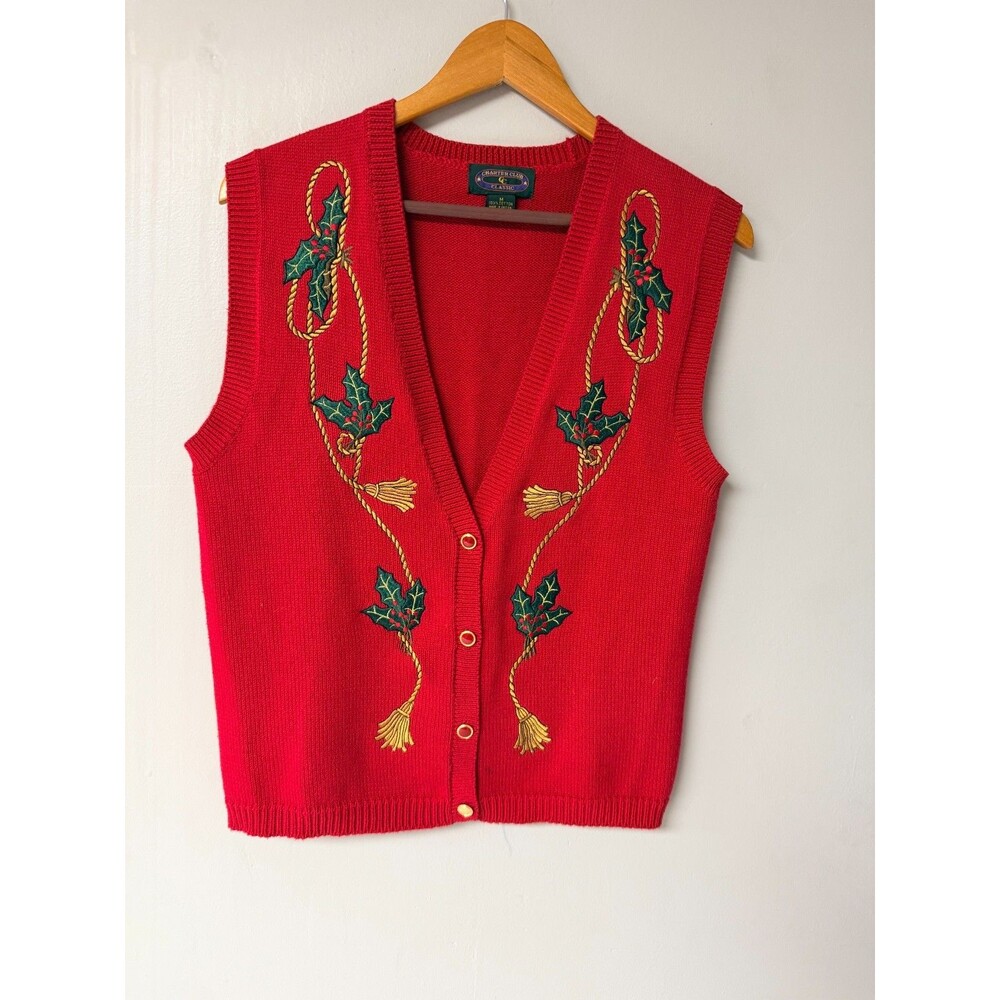 Charter Club Classic Christmas Sweater Vest Womens Medium Red Holly Cotton